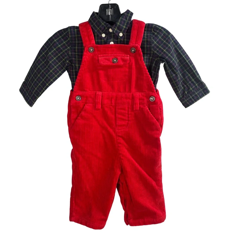Ralph Lauren 2pc Corduroy Overalls Plaid Shirt Set Baby Boy 6M Holiday Preppy